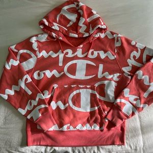 coral pink Champion hoodie with v cut neck